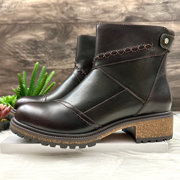 NIB Earth Elements Taylen Boot Bootie Lug Sole Patchwork Leather Walnut - Picture 4 of 14